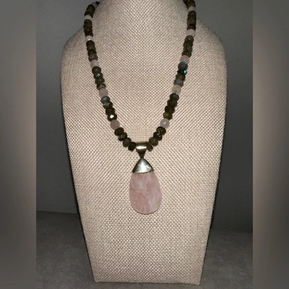 Laborite & pink quartz bead necklace with pendant by Jay King - Picture 2 of 14
